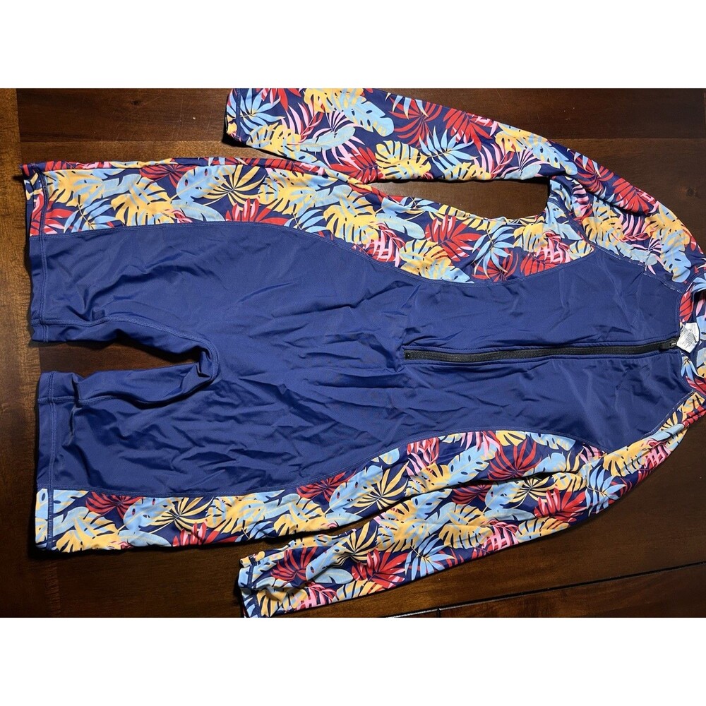 Halcurt Women’s Rash Guard One Piece Swimsuit L Navy Leaves UPF 50+ Built-In Bra - Picture 2 of 14